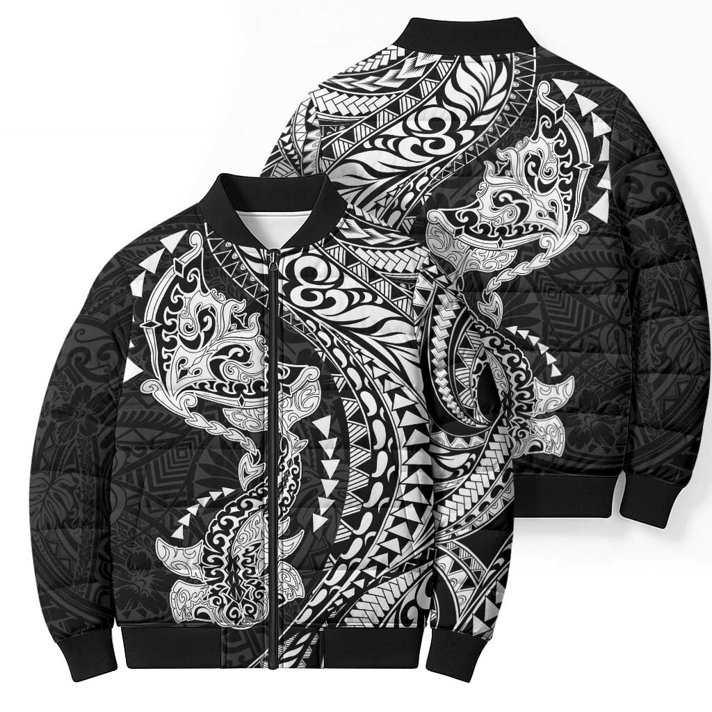Hawaiian Manta Ray and Hammerhead Shark Tribal Tattoo Bomber Puffer Jacket with Polynesian Tribal Pattern Black-White Color