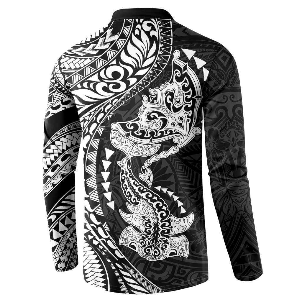 Hawaiian Manta Ray and Hammerhead Shark Tribal Tattoo Button Sweatshirt with Polynesian Tribal Pattern Black-White Color