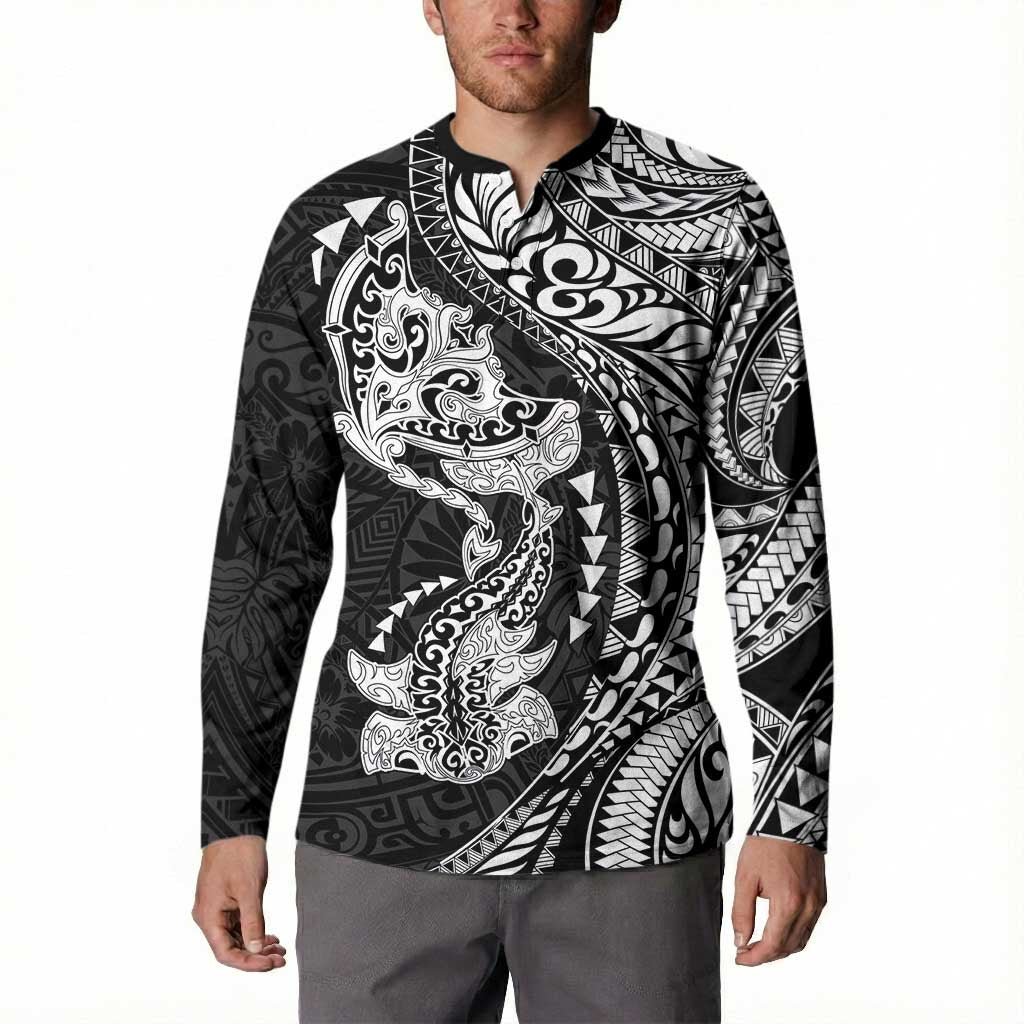 Hawaiian Manta Ray and Hammerhead Shark Tribal Tattoo Button Sweatshirt with Polynesian Tribal Pattern Black-White Color