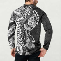 Hawaiian Manta Ray and Hammerhead Shark Tribal Tattoo Button Sweatshirt with Polynesian Tribal Pattern Black-White Color
