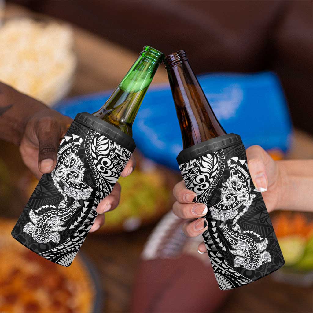 Hawaiian Manta Ray and Hammerhead Shark Tribal Tattoo 4 in 1 Can Cooler Tumbler with Polynesian Tribal Pattern Black-White Color