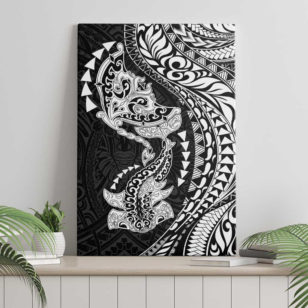Hawaiian Manta Ray and Hammerhead Shark Tribal Tattoo Canvas Wall Art with Polynesian Tribal Pattern Black-White Color