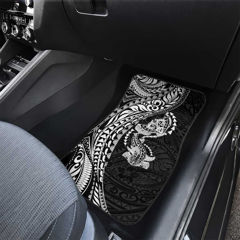 Hawaiian Manta Ray and Hammerhead Shark Tribal Tattoo Car Mats with Polynesian Tribal Pattern Black-White Color