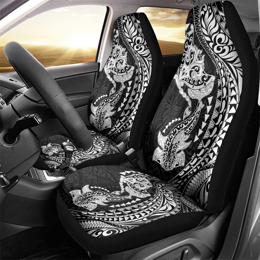 Hawaiian Manta Ray and Hammerhead Shark Tribal Tattoo Car Seat Cover with Polynesian Tribal Pattern Black-White Color