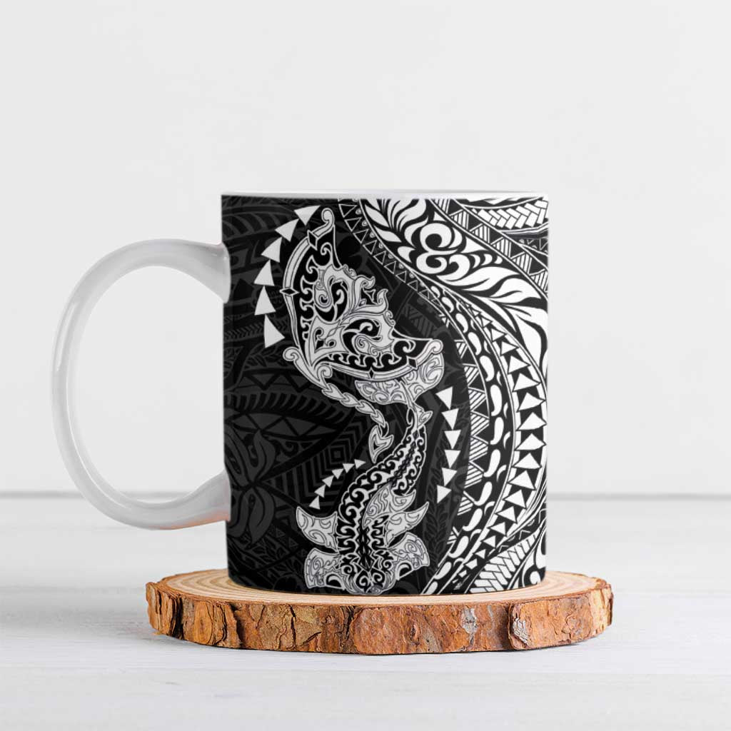 Hawaiian Manta Ray and Hammerhead Shark Tribal Tattoo Ceramic Mug with Polynesian Tribal Pattern Black-White Color