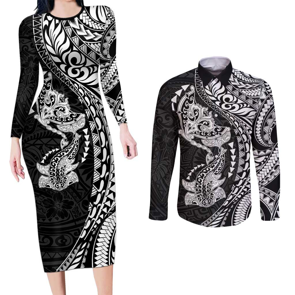 Hawaiian Manta Ray and Hammerhead Shark Tribal Tattoo Couples Matching Long Sleeve Bodycon Dress and Long Sleeve Button Shirt with Polynesian Tribal Pattern Black-White Color