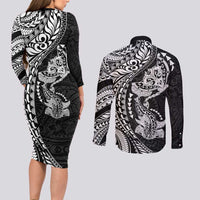Hawaiian Manta Ray and Hammerhead Shark Tribal Tattoo Couples Matching Long Sleeve Bodycon Dress and Long Sleeve Button Shirt with Polynesian Tribal Pattern Black-White Color LT03 - Polynesian Pride