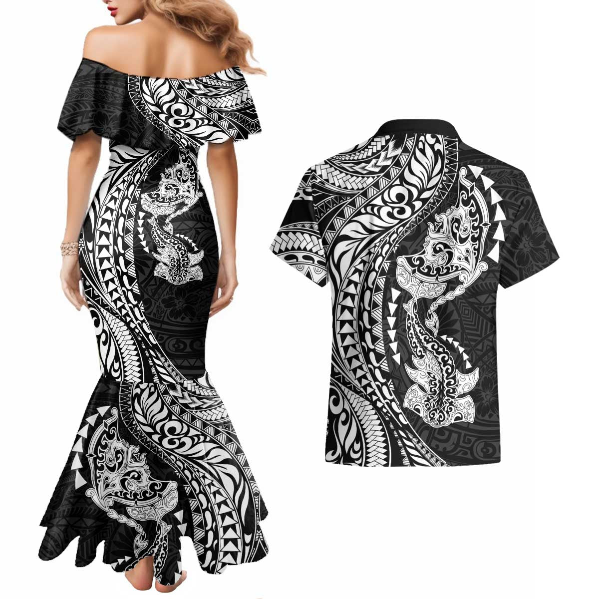 Hawaiian Manta Ray and Hammerhead Shark Tribal Tattoo Couples Matching Mermaid Dress and Hawaiian Shirt with Polynesian Tribal Pattern Black-White Color LT03 - Polynesian Pride