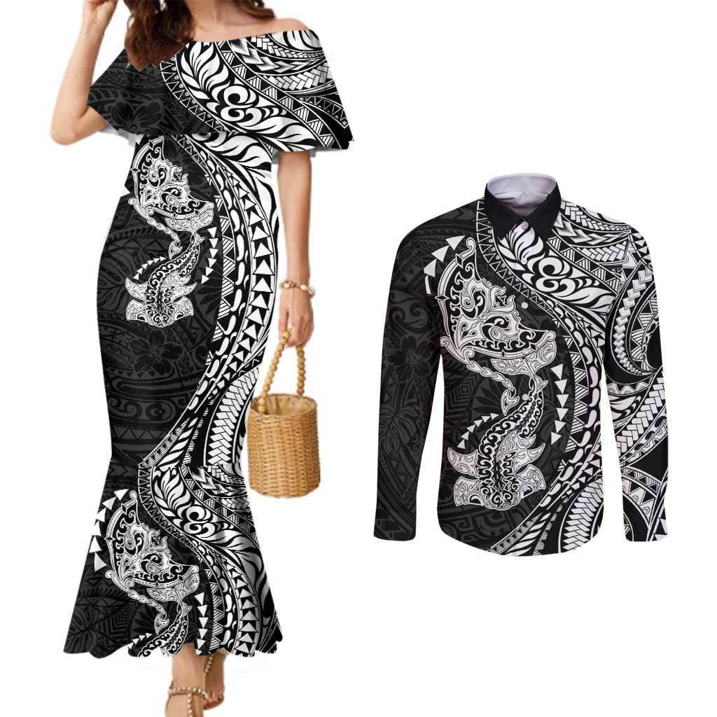 Hawaiian Manta Ray and Hammerhead Shark Tribal Tattoo Couples Matching Mermaid Dress and Long Sleeve Button Shirt with Polynesian Tribal Pattern Black-White Color LT03 Multicolor - Polynesian Pride