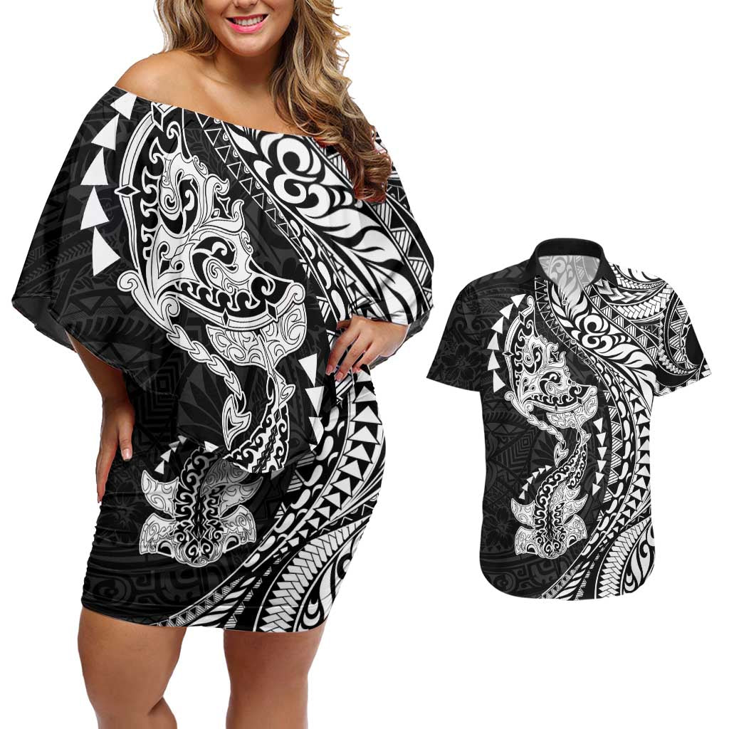 Hawaiian Manta Ray and Hammerhead Shark Tribal Tattoo Couples Matching Off Shoulder Short Dress and Hawaiian Shirt with Polynesian Tribal Pattern Black-White Color