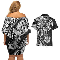 Hawaiian Manta Ray and Hammerhead Shark Tribal Tattoo Couples Matching Off Shoulder Short Dress and Hawaiian Shirt with Polynesian Tribal Pattern Black-White Color LT03 - Polynesian Pride