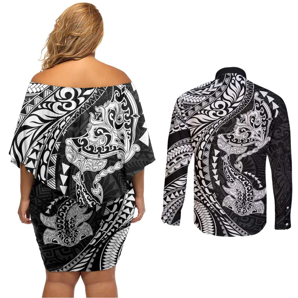 Hawaiian Manta Ray and Hammerhead Shark Tribal Tattoo Couples Matching Off Shoulder Short Dress and Long Sleeve Button Shirt with Polynesian Tribal Pattern Black-White Color LT03 - Polynesian Pride