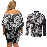 Hawaiian Manta Ray and Hammerhead Shark Tribal Tattoo Couples Matching Off Shoulder Short Dress and Long Sleeve Button Shirt with Polynesian Tribal Pattern Black-White Color LT03 - Polynesian Pride