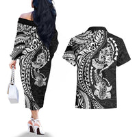 Hawaiian Manta Ray and Hammerhead Shark Tribal Tattoo Couples Matching Off The Shoulder Long Sleeve Dress and Hawaiian Shirt with Polynesian Tribal Pattern Black-White Color LT03 - Polynesian Pride