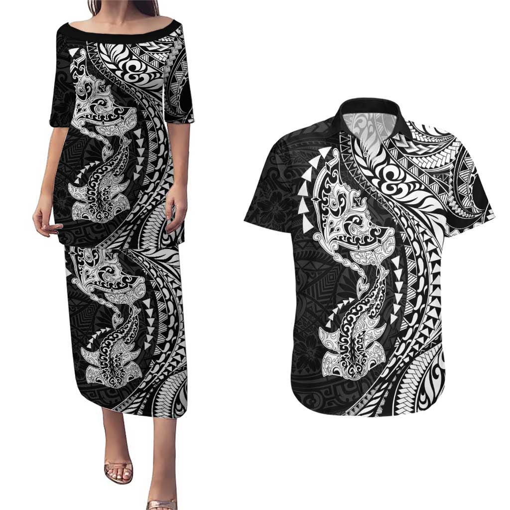 Hawaiian Manta Ray and Hammerhead Shark Tribal Tattoo Couples Matching Puletasi and Hawaiian Shirt with Polynesian Tribal Pattern Black-White Color LT03 Multicolor - Polynesian Pride