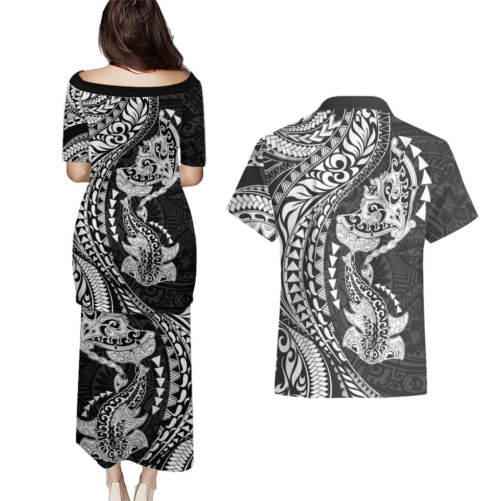 Hawaiian Manta Ray and Hammerhead Shark Tribal Tattoo Couples Matching Puletasi and Hawaiian Shirt with Polynesian Tribal Pattern Black-White Color LT03 - Polynesian Pride
