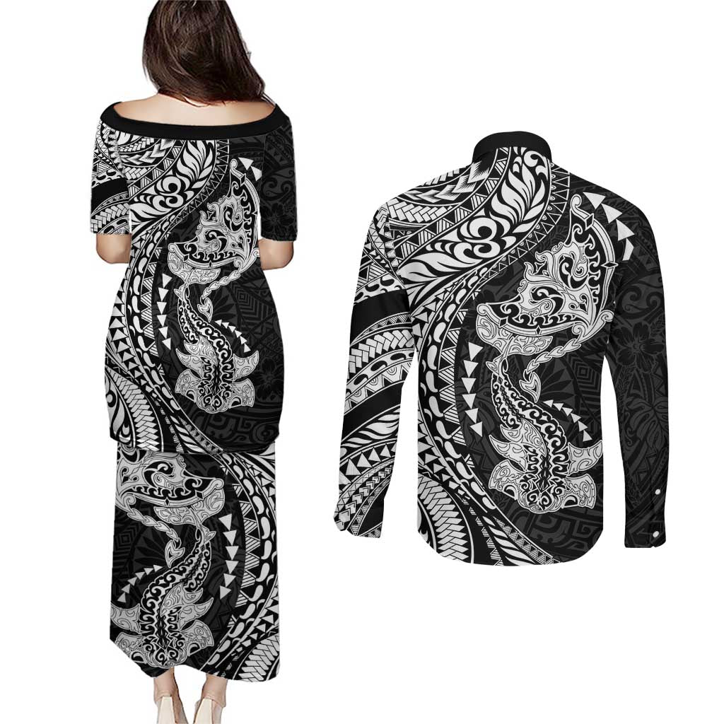 Hawaiian Manta Ray and Hammerhead Shark Tribal Tattoo Couples Matching Puletasi and Long Sleeve Button Shirt with Polynesian Tribal Pattern Black-White Color