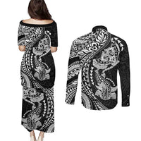 Hawaiian Manta Ray and Hammerhead Shark Tribal Tattoo Couples Matching Puletasi and Long Sleeve Button Shirt with Polynesian Tribal Pattern Black-White Color