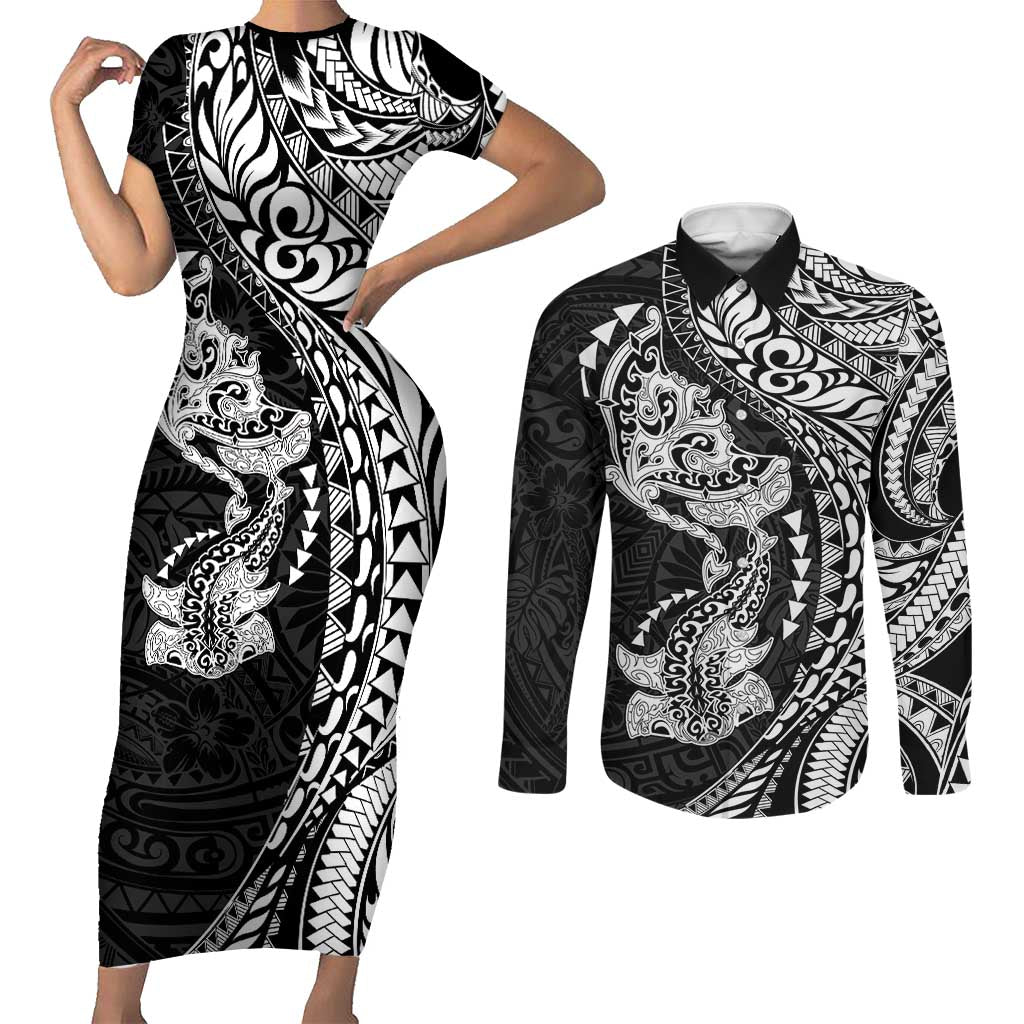 Hawaiian Manta Ray and Hammerhead Shark Tribal Tattoo Couples Matching Short Sleeve Bodycon Dress and Long Sleeve Button Shirt with Polynesian Tribal Pattern Black-White Color