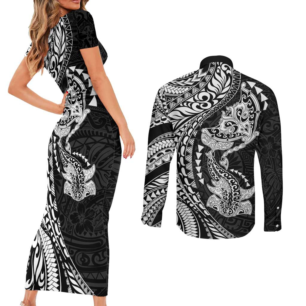 Hawaiian Manta Ray and Hammerhead Shark Tribal Tattoo Couples Matching Short Sleeve Bodycon Dress and Long Sleeve Button Shirt with Polynesian Tribal Pattern Black-White Color LT03 - Polynesian Pride