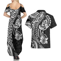 Hawaiian Manta Ray and Hammerhead Shark Tribal Tattoo Couples Matching Summer Maxi Dress and Hawaiian Shirt with Polynesian Tribal Pattern Black-White Color LT03 - Polynesian Pride