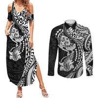 Hawaiian Manta Ray and Hammerhead Shark Tribal Tattoo Couples Matching Summer Maxi Dress and Long Sleeve Button Shirt with Polynesian Tribal Pattern Black-White Color LT03 Multicolor - Polynesian Pride