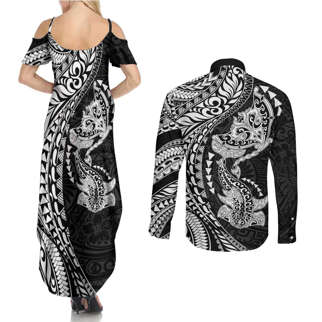 Hawaiian Manta Ray and Hammerhead Shark Tribal Tattoo Couples Matching Summer Maxi Dress and Long Sleeve Button Shirt with Polynesian Tribal Pattern Black-White Color LT03 - Polynesian Pride