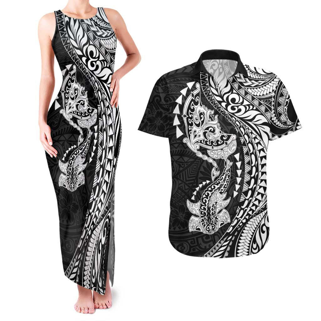 Hawaiian Manta Ray and Hammerhead Shark Tribal Tattoo Couples Matching Tank Maxi Dress and Hawaiian Shirt with Polynesian Tribal Pattern Black-White Color LT03 Multicolor - Polynesian Pride