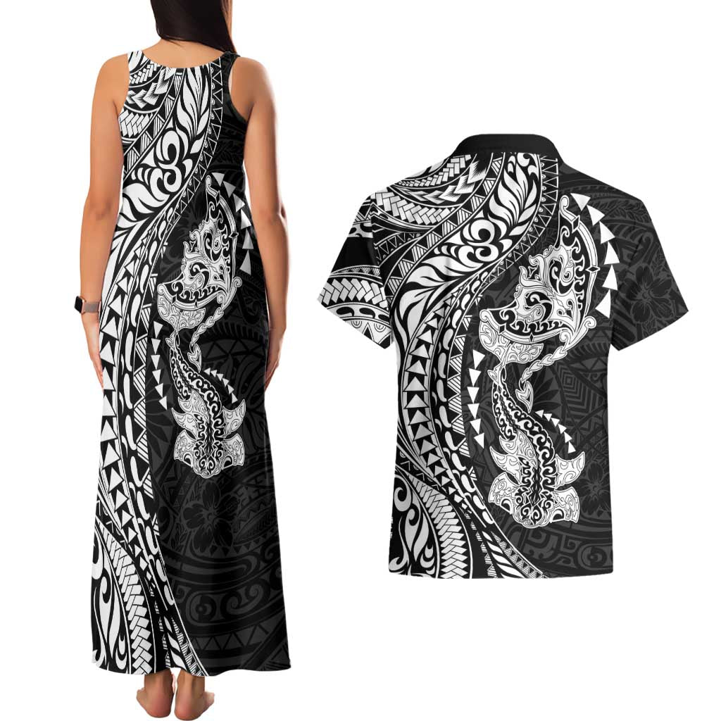 Hawaiian Manta Ray and Hammerhead Shark Tribal Tattoo Couples Matching Tank Maxi Dress and Hawaiian Shirt with Polynesian Tribal Pattern Black-White Color LT03 - Polynesian Pride