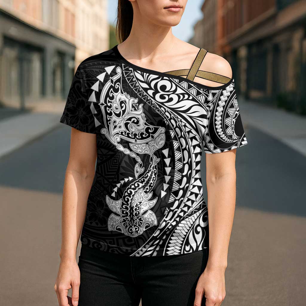 Hawaiian Manta Ray and Hammerhead Shark Tribal Tattoo Cross Shoulder Shirt with Polynesian Tribal Pattern Black-White Color