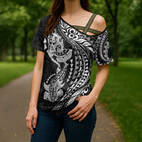 Hawaiian Manta Ray and Hammerhead Shark Tribal Tattoo Cross Shoulder Shirt with Polynesian Tribal Pattern Black-White Color