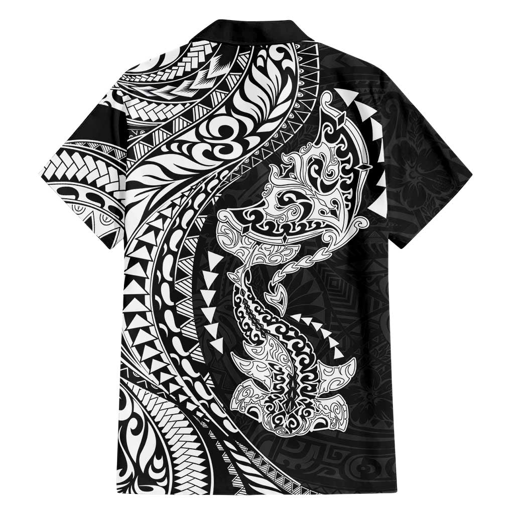 Hawaiian Manta Ray and Hammerhead Shark Tribal Tattoo Family Matching Long Sleeve Bodycon Dress and Hawaiian Shirt with Polynesian Tribal Pattern Black-White Color LT03 - Polynesian Pride