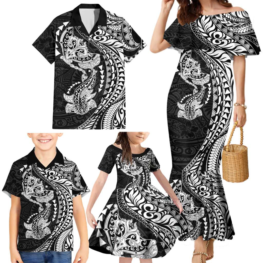 Hawaiian Manta Ray and Hammerhead Shark Tribal Tattoo Family Matching Mermaid Dress and Hawaiian Shirt with Polynesian Tribal Pattern Black-White Color LT03 - Polynesian Pride