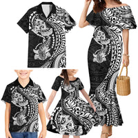 Hawaiian Manta Ray and Hammerhead Shark Tribal Tattoo Family Matching Mermaid Dress and Hawaiian Shirt with Polynesian Tribal Pattern Black-White Color LT03 - Polynesian Pride