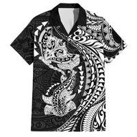 Hawaiian Manta Ray and Hammerhead Shark Tribal Tattoo Family Matching Mermaid Dress and Hawaiian Shirt with Polynesian Tribal Pattern Black-White Color LT03 Dad's Shirt - Short Sleeve Multicolor - Polynesian Pride