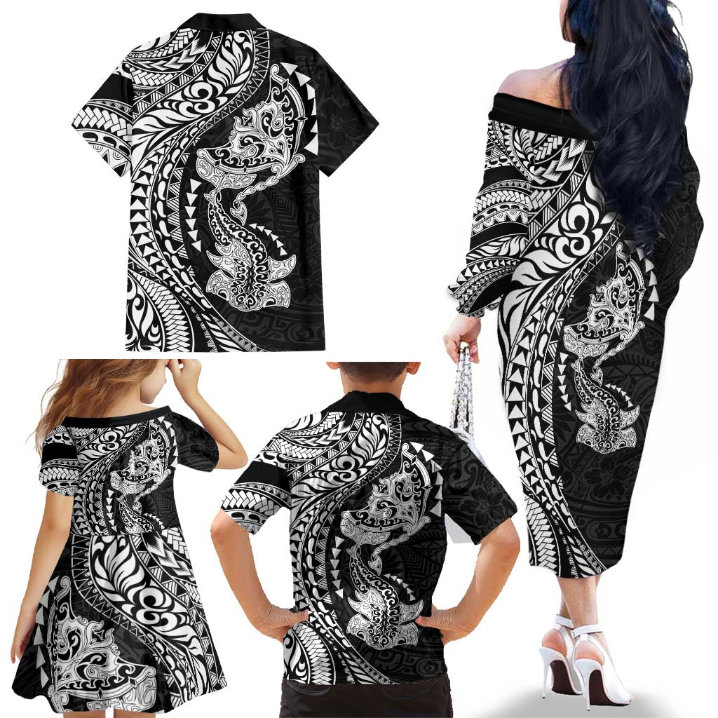 Hawaiian Manta Ray and Hammerhead Shark Tribal Tattoo Family Matching Off The Shoulder Long Sleeve Dress and Hawaiian Shirt with Polynesian Tribal Pattern Black-White Color LT03 - Polynesian Pride