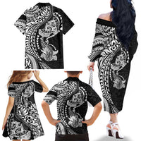 Hawaiian Manta Ray and Hammerhead Shark Tribal Tattoo Family Matching Off The Shoulder Long Sleeve Dress and Hawaiian Shirt with Polynesian Tribal Pattern Black-White Color LT03 - Polynesian Pride
