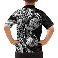 Hawaiian Manta Ray and Hammerhead Shark Tribal Tattoo Family Matching Off Shoulder Maxi Dress and Hawaiian Shirt with Polynesian Tribal Pattern Black-White Color LT03 - Polynesian Pride