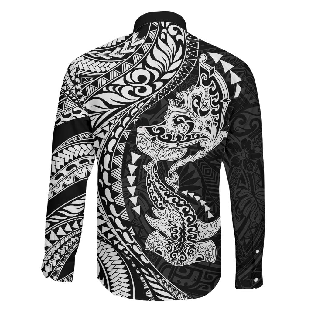 Hawaiian Manta Ray and Hammerhead Shark Tribal Tattoo Family Matching Off Shoulder Maxi Dress and Hawaiian Shirt with Polynesian Tribal Pattern Black-White Color LT03 - Polynesian Pride