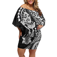 Hawaiian Manta Ray and Hammerhead Shark Tribal Tattoo Family Matching Off Shoulder Short Dress and Hawaiian Shirt with Polynesian Tribal Pattern Black-White Color LT03 Mom's Dress Multicolor - Polynesian Pride