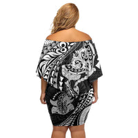 Hawaiian Manta Ray and Hammerhead Shark Tribal Tattoo Family Matching Off Shoulder Short Dress and Hawaiian Shirt with Polynesian Tribal Pattern Black-White Color LT03 - Polynesian Pride