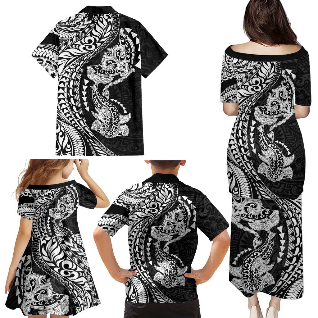 Hawaiian Manta Ray and Hammerhead Shark Tribal Tattoo Family Matching Puletasi and Hawaiian Shirt with Polynesian Tribal Pattern Black-White Color LT03 - Polynesian Pride