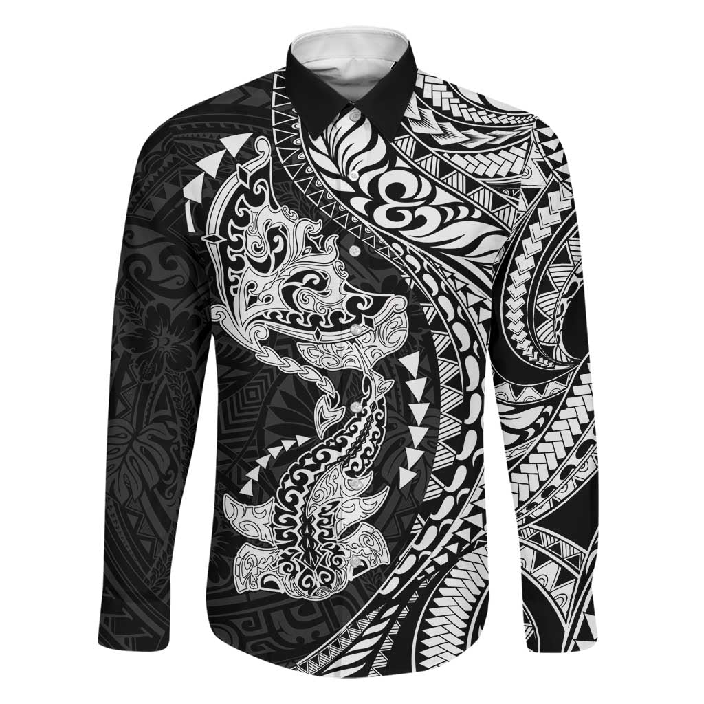 Hawaiian Manta Ray and Hammerhead Shark Tribal Tattoo Family Matching Puletasi and Hawaiian Shirt with Polynesian Tribal Pattern Black-White Color LT03 Dad's Shirt - Long Sleeve Multicolor - Polynesian Pride
