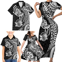 Hawaiian Manta Ray and Hammerhead Shark Tribal Tattoo Family Matching Short Sleeve Bodycon Dress and Hawaiian Shirt with Polynesian Tribal Pattern Black-White Color LT03 - Polynesian Pride