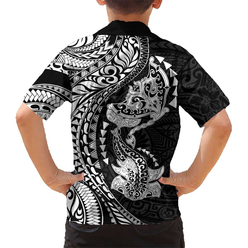Hawaiian Manta Ray and Hammerhead Shark Tribal Tattoo Family Matching Summer Maxi Dress and Hawaiian Shirt with Polynesian Tribal Pattern Black-White Color LT03 - Polynesian Pride