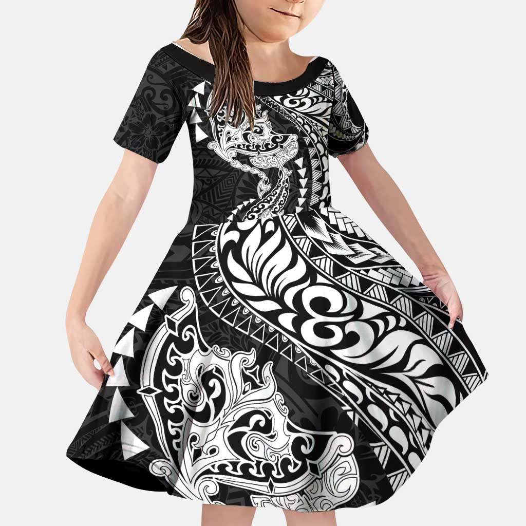 Hawaiian Manta Ray and Hammerhead Shark Tribal Tattoo Family Matching Summer Maxi Dress and Hawaiian Shirt with Polynesian Tribal Pattern Black-White Color LT03 Daughter's Dress Multicolor - Polynesian Pride