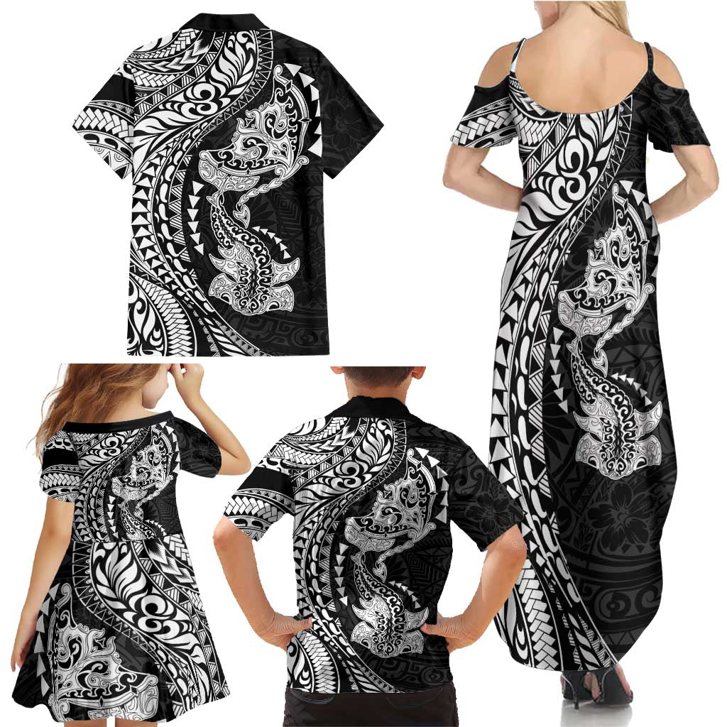 Hawaiian Manta Ray and Hammerhead Shark Tribal Tattoo Family Matching Summer Maxi Dress and Hawaiian Shirt with Polynesian Tribal Pattern Black-White Color LT03 - Polynesian Pride