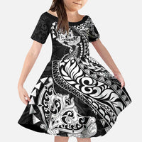 Hawaiian Manta Ray and Hammerhead Shark Tribal Tattoo Family Matching Tank Maxi Dress and Hawaiian Shirt with Polynesian Tribal Pattern Black-White Color LT03 Daughter's Dress Multicolor - Polynesian Pride