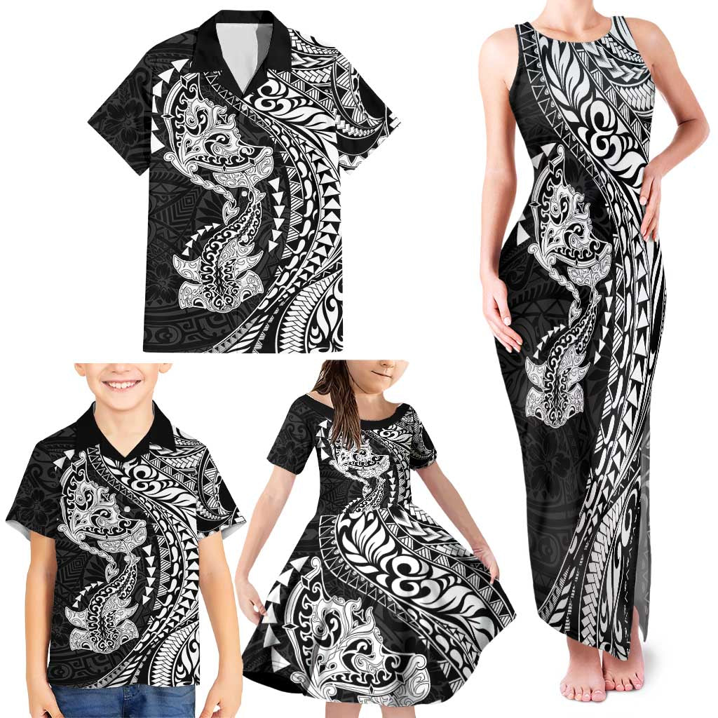 Hawaiian Manta Ray and Hammerhead Shark Tribal Tattoo Family Matching Tank Maxi Dress and Hawaiian Shirt with Polynesian Tribal Pattern Black-White Color LT03 - Polynesian Pride