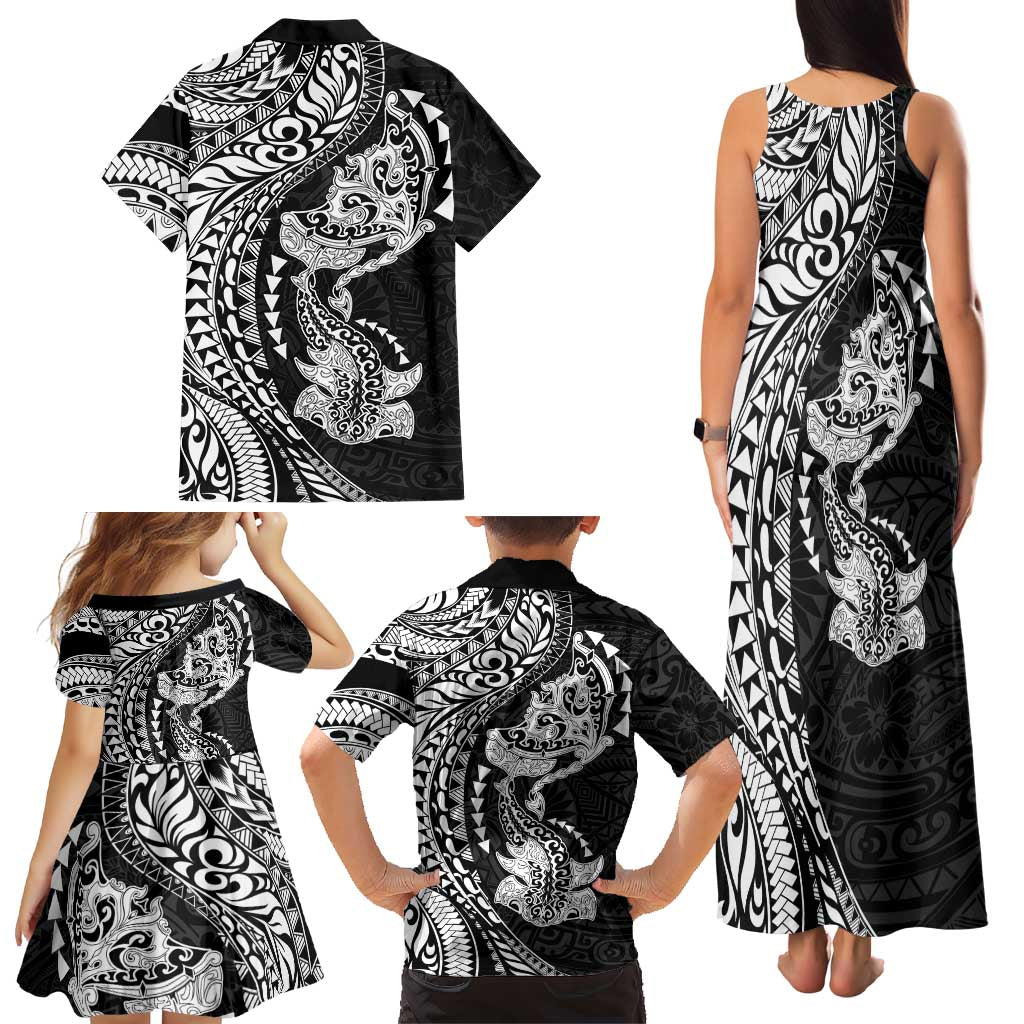 Hawaiian Manta Ray and Hammerhead Shark Tribal Tattoo Family Matching Tank Maxi Dress and Hawaiian Shirt with Polynesian Tribal Pattern Black-White Color LT03 - Polynesian Pride
